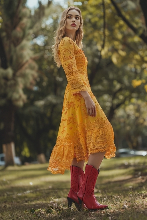 A woman wears a long yellow lace dress with red cowboy boots