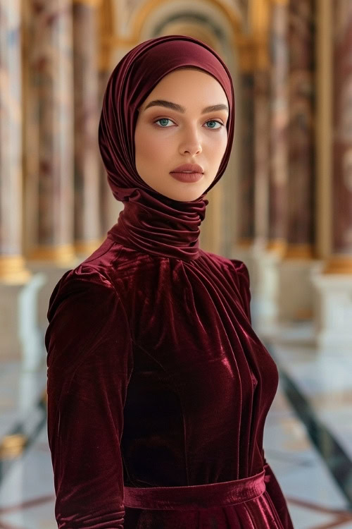 A woman wears a maroon velvet wedding guest dress with a matching hijab (2)