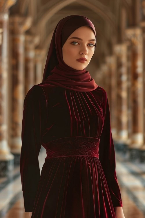 A woman wears a maroon velvet wedding guest dress with a matching hijab