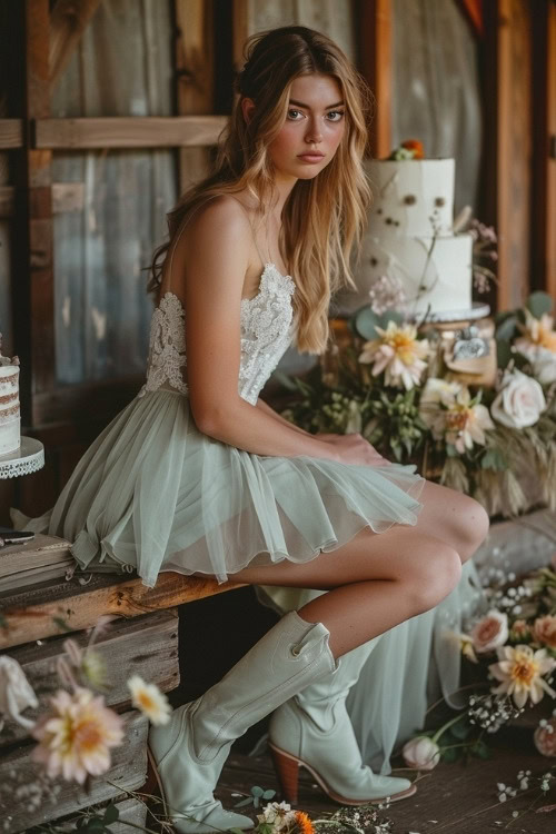 A woman wears a mint green mini bridesmaid dress with white cowboy boots