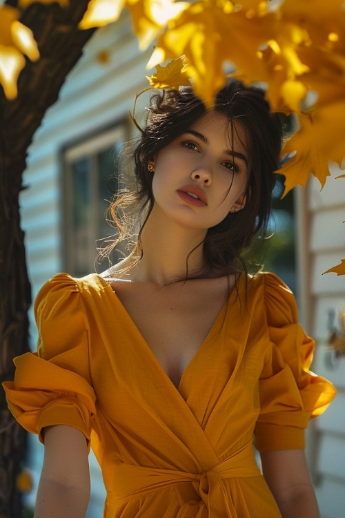 A woman wears a mustard yellow dress with puffed sleeves for a country club wedding