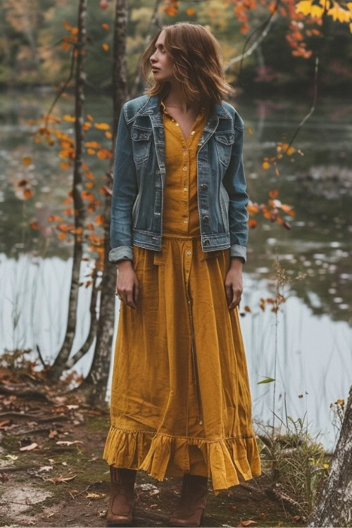 A woman wears a mustard yellow tiered dress with a denim jacket for a casual country wedding