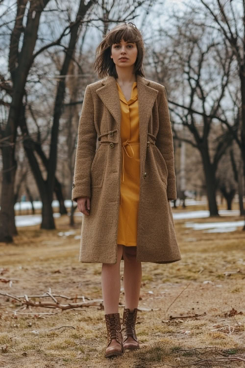 A woman wears a mustard yellow wedding guest dress with a beige coat and brown lace-up boots