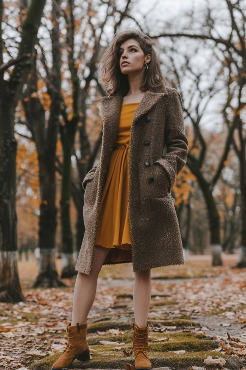 A woman wears a mustard yellow wedding guest dress with a beige coat and brown suede ankle boots