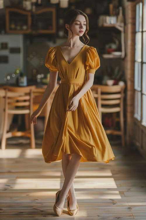 A woman wears a mustard yellow wedding guest dress with puff sleeves and yellow heels