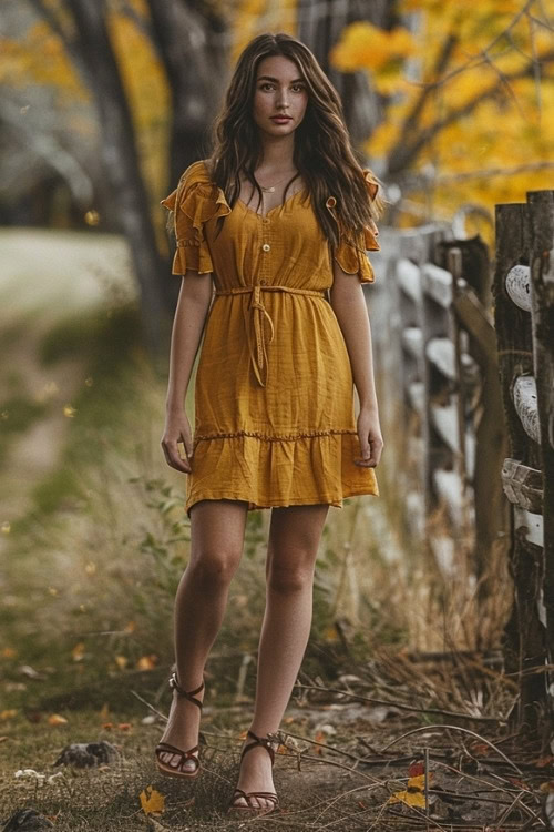 A woman wears a mustard yellow wedding guest dress with ruffle sleeves and brown sandals