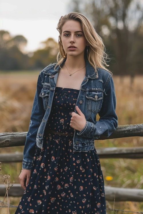 A woman wears a navy blue floral wedding guest dress with a denim jacket