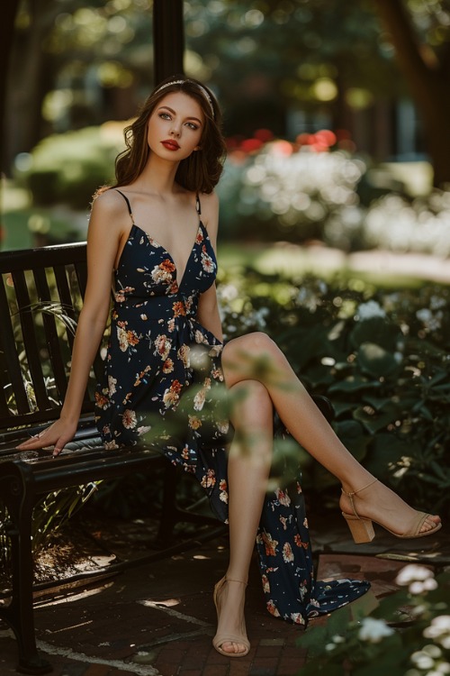 A woman wears a navy blue floral wedding guest dress with tan block heels