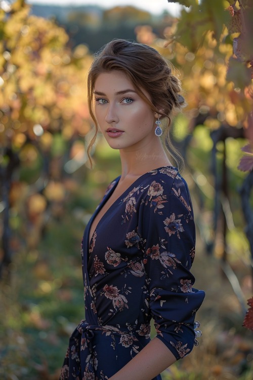 A woman wears a navy blue floral wrap wedding guest dress with a deep V-neckline