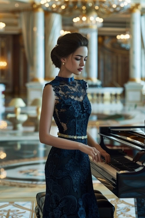 A woman wears a navy blue lace wedding guest dress with a gold belt