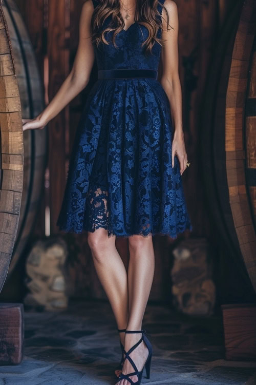 A woman wears a navy blue lace wedding guest dress with a scalloped hem and matching strappy heels