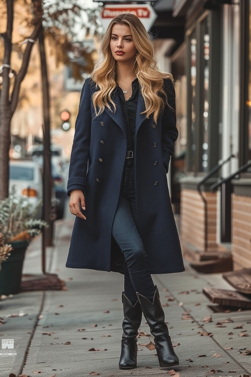 A woman wears a navy blue long coat, blue jeans, and black cowboy boots