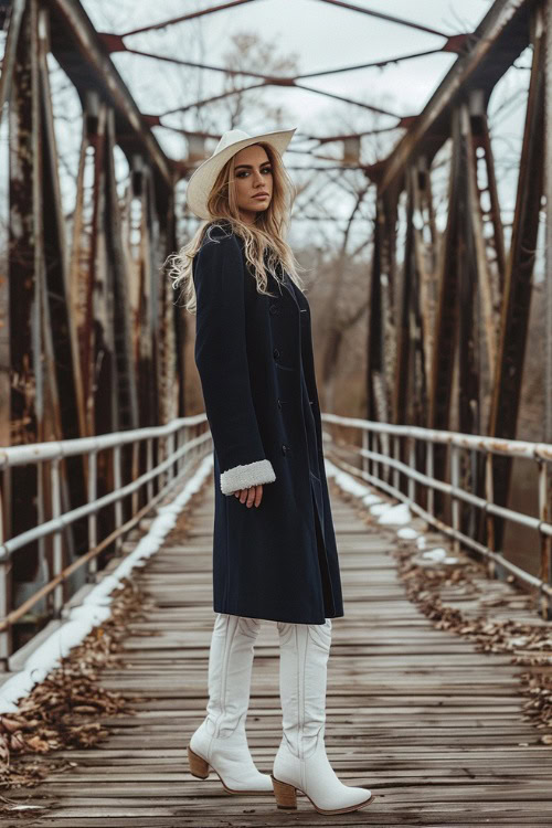 A woman wears a navy blue long coat, white cowboy hat with white cowboy boots