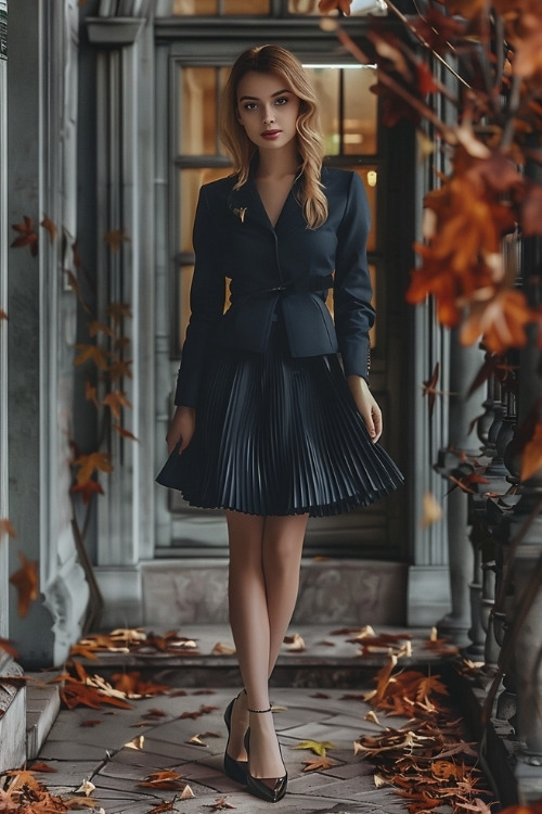 A woman wears a navy blue pleated wedding guest dress with a matching blazer and black heels