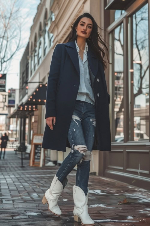 A woman wears a navy blue trench coat, blue blouse, ripped blue jeans, and white cowboy boots