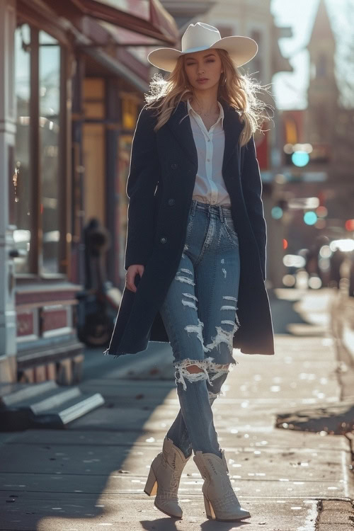 A woman wears a navy blue trench coat, white cowboy hat, white blouse, ripped blue jeans, and beige ankle cowboy boots