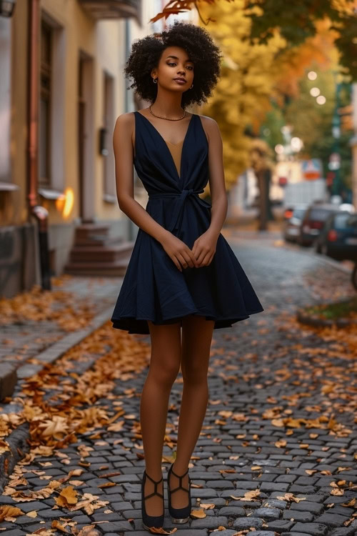 A woman wears a navy blue wedding guest dress with a plunging neckline and matching heels