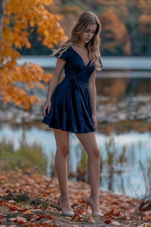 A woman wears a navy blue wedding guest dress with a wrap design and beige heels