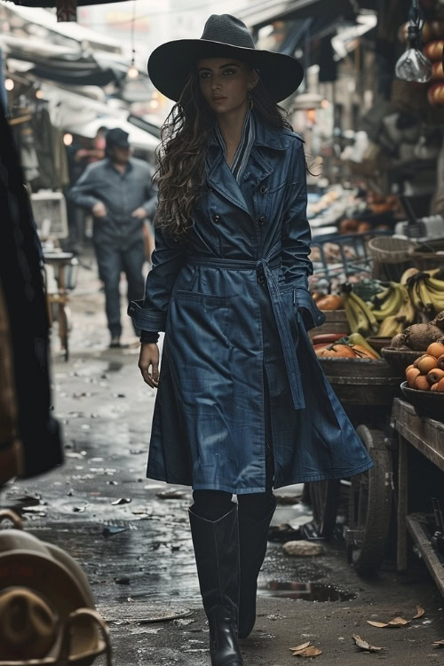 A woman wears a navy leather long coat and black cowboy boots