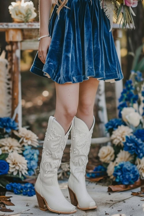 A woman wears a navy velvet mini bridesmaid dress with white cowboy boots