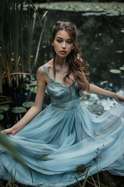 A woman wears a pale blue wedding guest dress with a ruched bodice and spaghetti straps