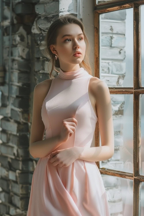 A woman wears a pale pink sleeveless wedding guest dress with a high collar