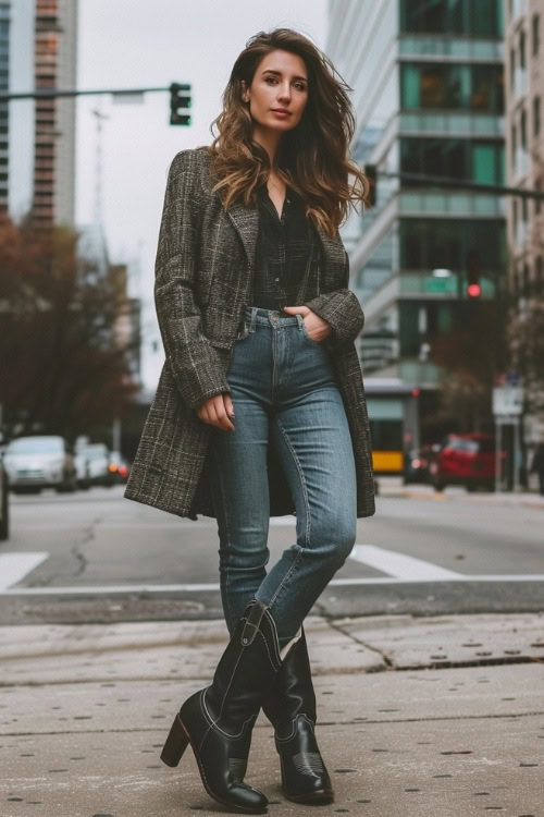 A woman wears a patterned coat, black blouse, blue jeans, and black cowboy boots