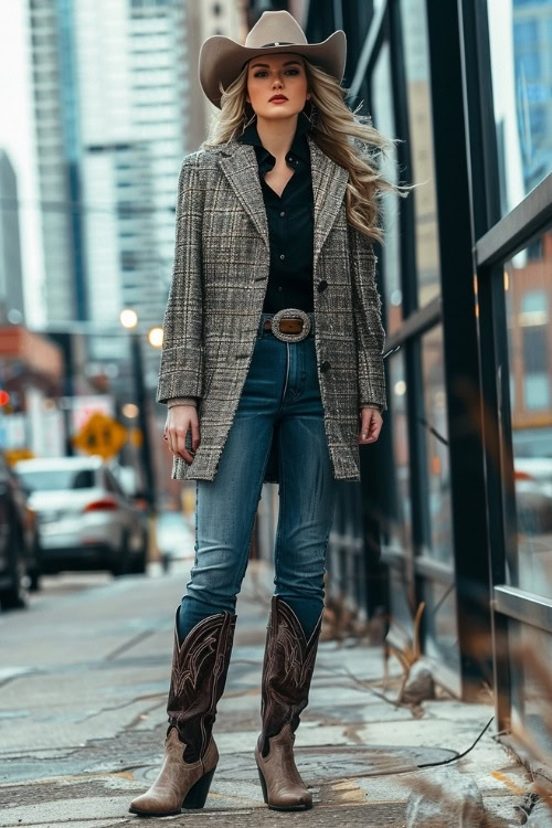 A woman wears a patterned sport coat, a black shirt, blue jeans, and brown cowboy boots