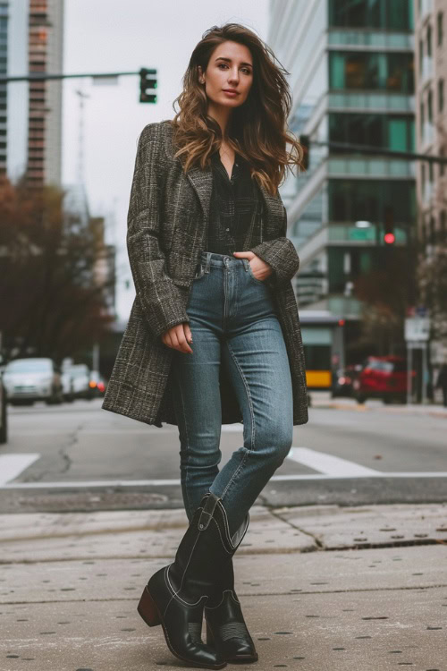 A woman wears a patterned sport coat, black blouse, blue jeans, with black cowboy boots