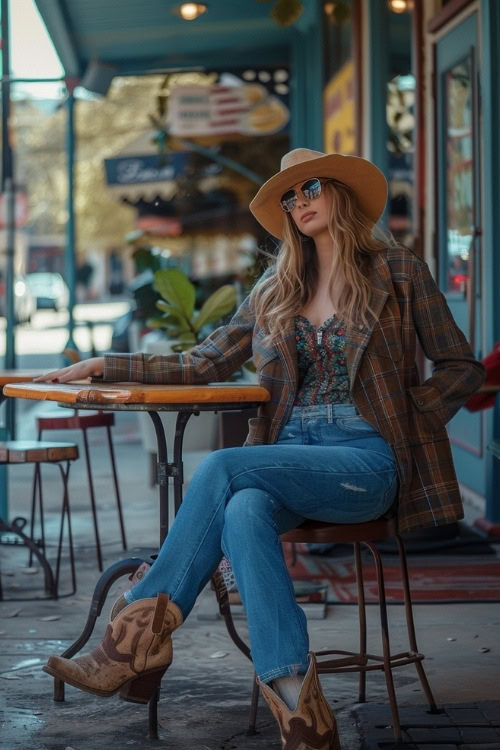 A woman wears a patterned sport coat, floral blouse, blue jeans, and brown cowboy boots