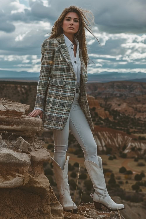 A woman wears a patterned sport coat, white blouse, gray pants, and white cowboy boots