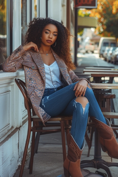 A woman wears a patterned sport coat, white shirt, ripped blue jeans, and brown cowboy boots