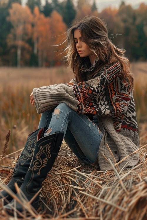 A woman wears a patterned sweater, ripped jeans, and black cowboy boots