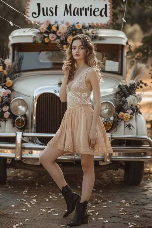 A woman wears a peach sequined mini bridesmaid dress with short black cowboy boots