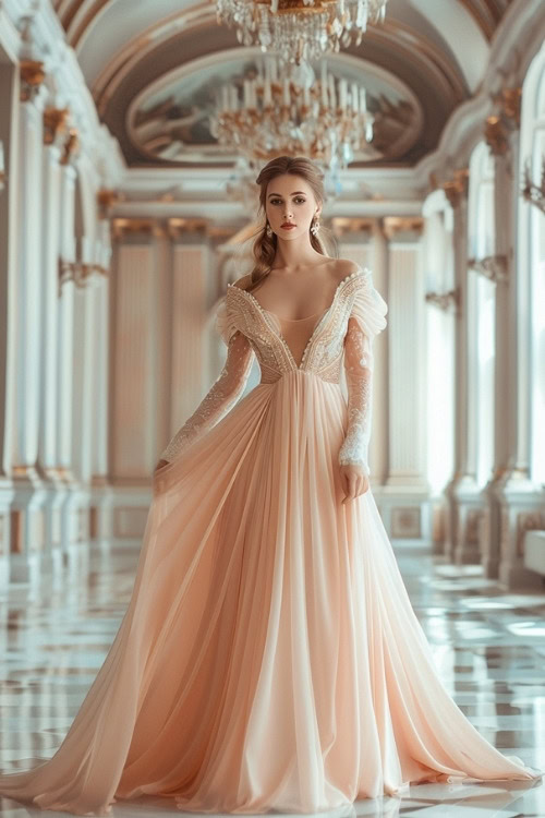 A woman wears a peach wedding guest gown with a plunging neckline and embellished sleeves