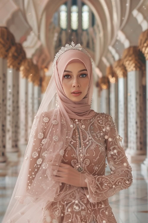 A woman wears a pink embellished wedding guest dress with a hijab