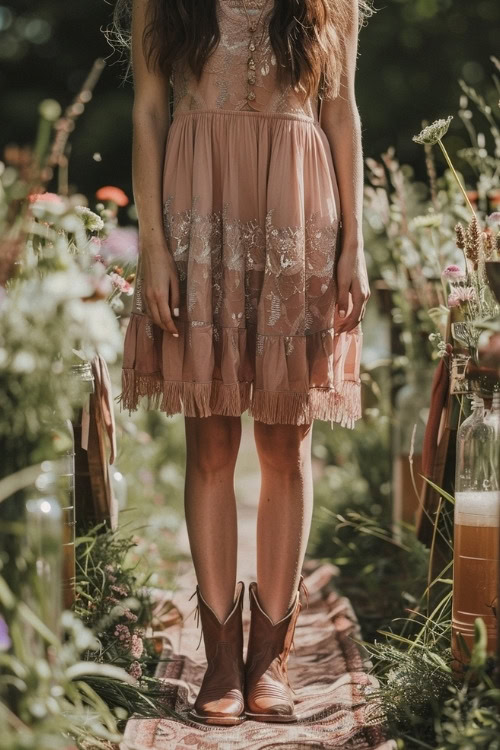 A woman wears a pink lace mini bridesmaid dress with short brown cowboy boots