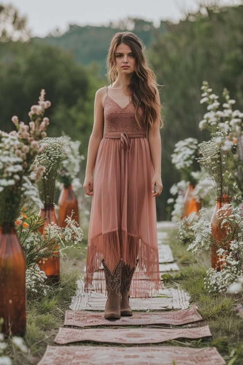 A woman wears a pink tulle bridesmaid dress with brown short cowboy boots