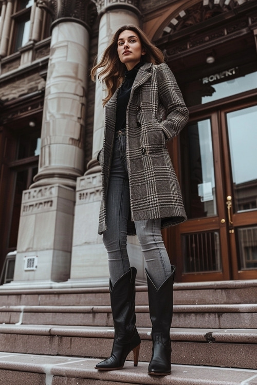 A woman wears a plaid coat, a black top, jeans, and black cowboy boots