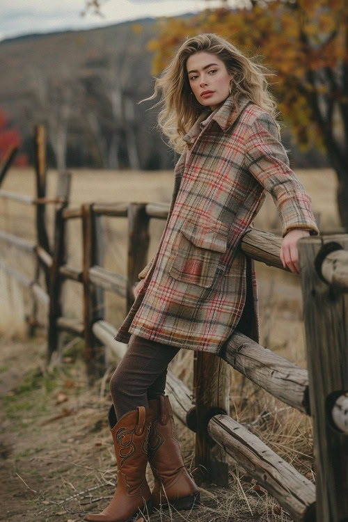 A woman wears a plaid long coat, brown pants, and brown cowboy boots