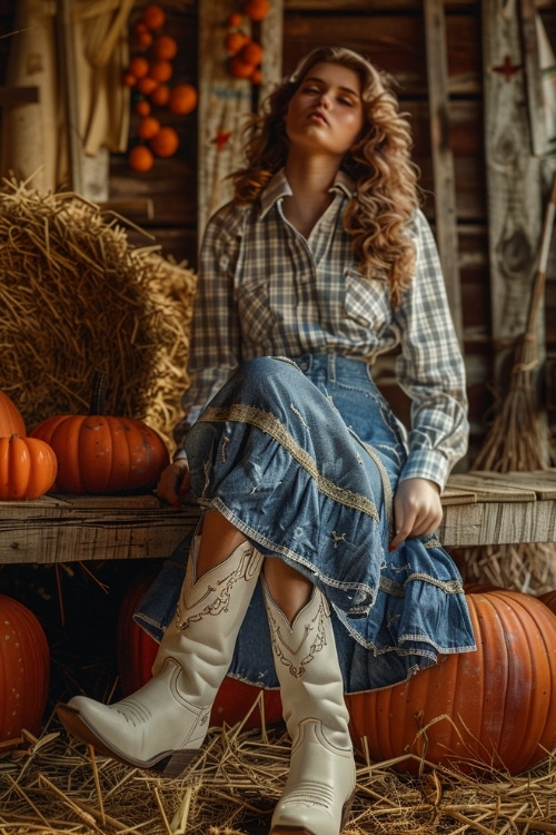 A woman wears a plaid shirt, a denim skirt, and white cowboy boots