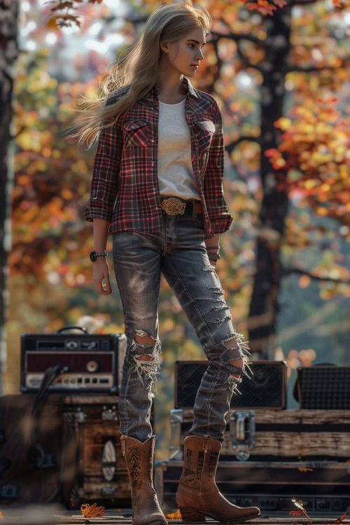 A woman wears a plaid shirt, a white t-shirt, ripped jeans, and brown cowboy boots