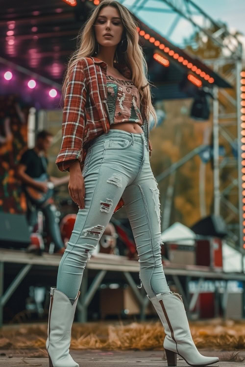 A woman wears a plaid shirt, crop top, ripped jeans, and white cowboy boots