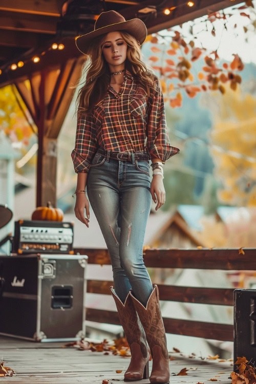 A woman wears a flannel shirt, jeans, and brown cowboy boots (2)