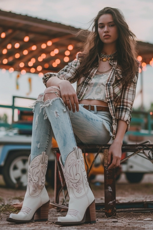 A woman wears a plaid shirt, ripped jeans, and white cowboy boots