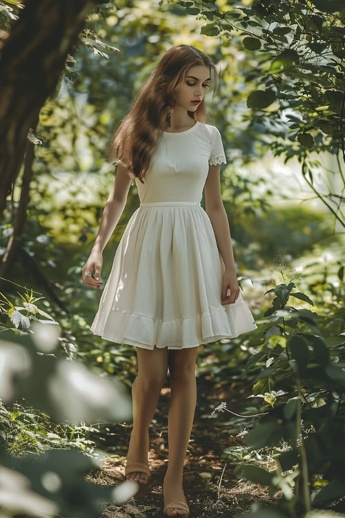 A woman wears a plain white wedding guest dress with ruffle