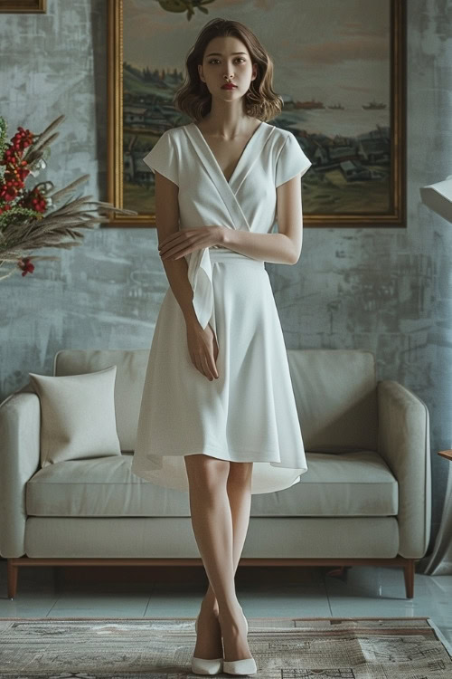 A woman wears a plain white wrap wedding guest dress and heels