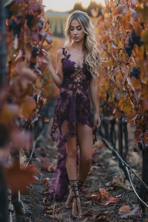 A woman wears a purple lace wedding guest dress with a high-low hemline and black strappy heels