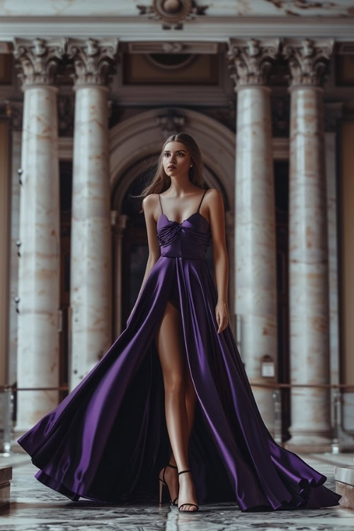 A woman wears a purple satin wedding guest dress with a high slit and black heels