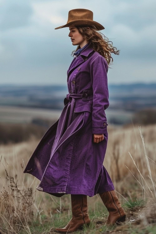 A woman wears a purple trench coat, brown cowboy hat, and brown cowboy boots